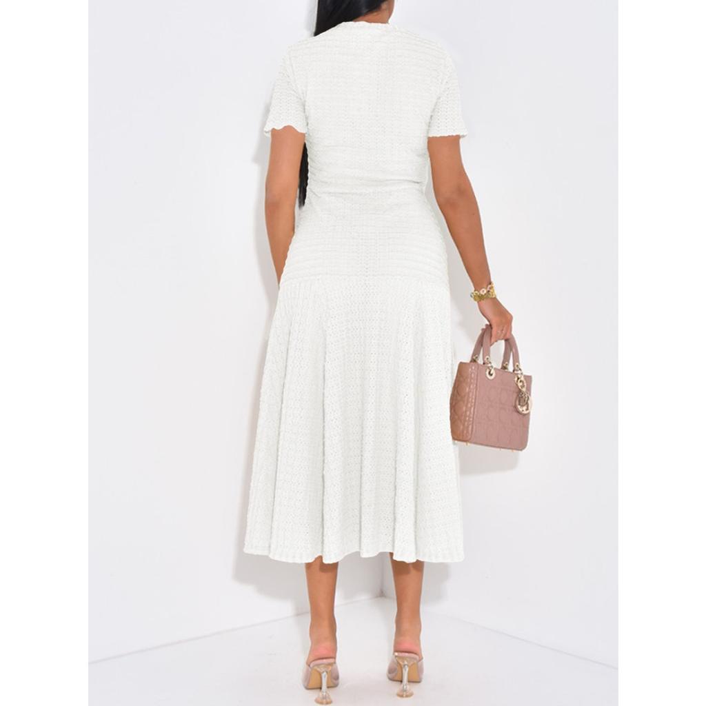 Облегающее вязаное платье с вырезами, коротким рукавом и кружевной отделкой, с акцентом на талии, длинное модное платье-свитер