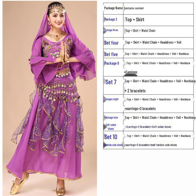 Костюм для танца живота для женщин - Этнический набор для выступлений с юбкой с рукавами-колокольчиками