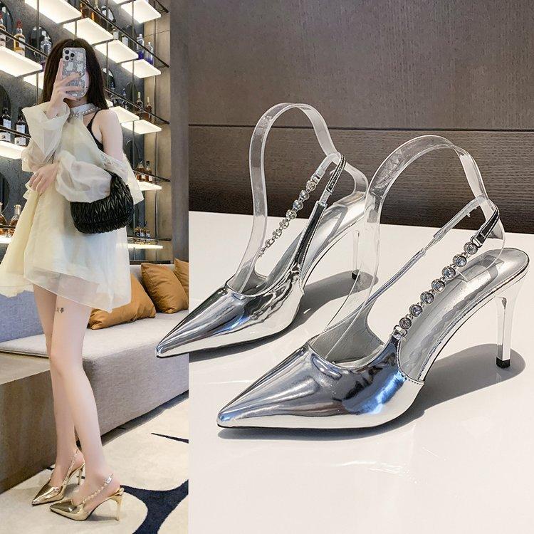 Silver wedding shoes pointed rhinestone back empty high heels spring and summer new bag head thin heel chain sexy versatile women's sandals