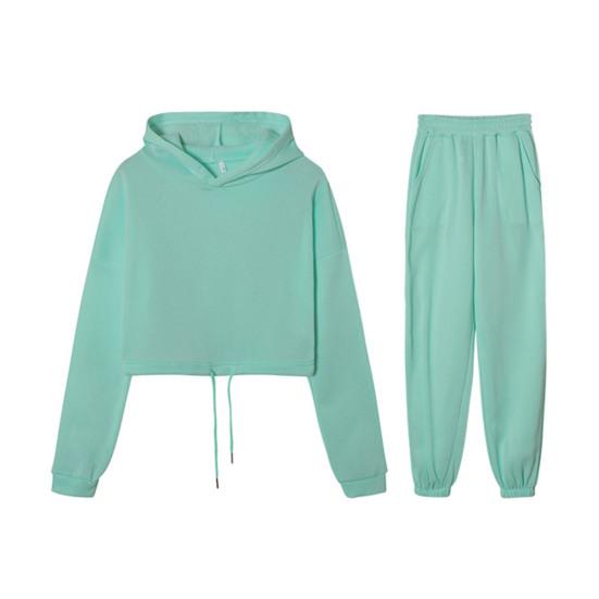 2 шт./компл. женский однотонный спортивный костюм, спортивный комплект из 2 предметов, с капюшоном и длинными рукавами, укороченный