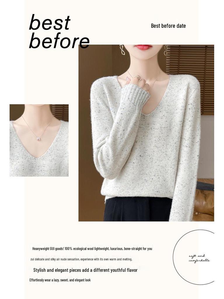 Женский свитер из 100% шерсти с V-образным вырезом, облегающего кроя - Пуловер крупной вязки для осени/зимы