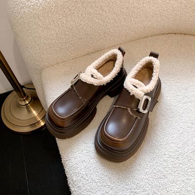 Лоферы женские осенне-зимние новые теплые и бархатные хлопковые туфли из овечьей шерсти, ветрозащитная платформа, маленькие кожаные туфли