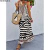 MODIQUE 2025 Summer New Women's Retro Sexy Zebra Stripe Print Backless Halter Neck Long Dress Ladies Casual A-Line Sleeveless Dress