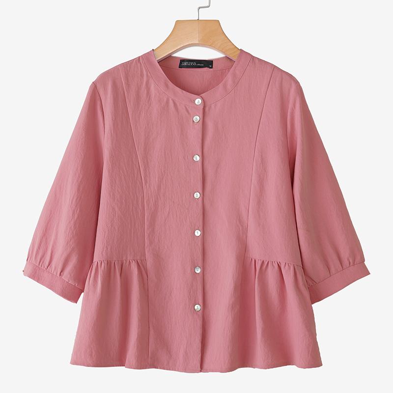 ZANZEA Женская повседневная блузка из хлопка с круглым вырезом и рукавом 3/4