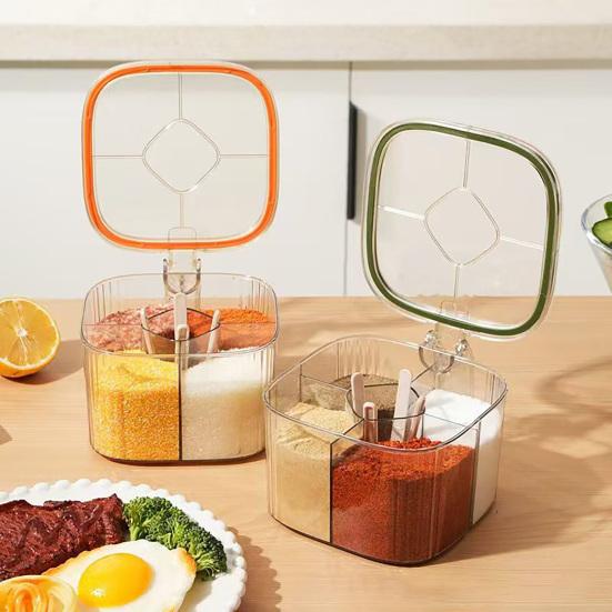 Kitchen Seasoning Jar with Spoon Slot Multi-Compartment Salt Pepper Organizer Transparent Seasoning Box