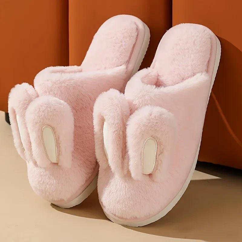 Fashion Women Cotton Slippers 2025 Winter Plush Cute Rabbit Comfortable Anti Slip Home Indoor Floor Warm Cartoon Slippers Mujer