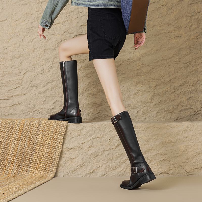 Krazing Pot Cow Skin Square Toe Winter Med Heels Riding Boots Punk Design Women Vintage Square Buckle Thigh High Boots