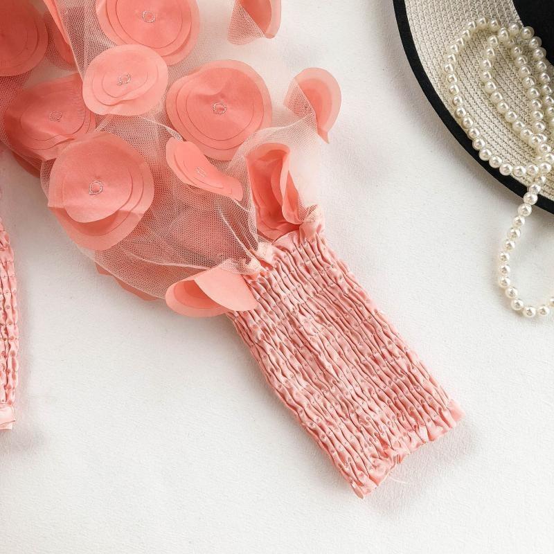 Модные 3D-цветы с рукавами-фонариками, облегающие сексуальные блузки для женщин, прозрачные сетчатые топы с вырезом-лодочкой, шифоновая рубашка для женщин, однотонная повседневная блузка с открытыми плечами 26475