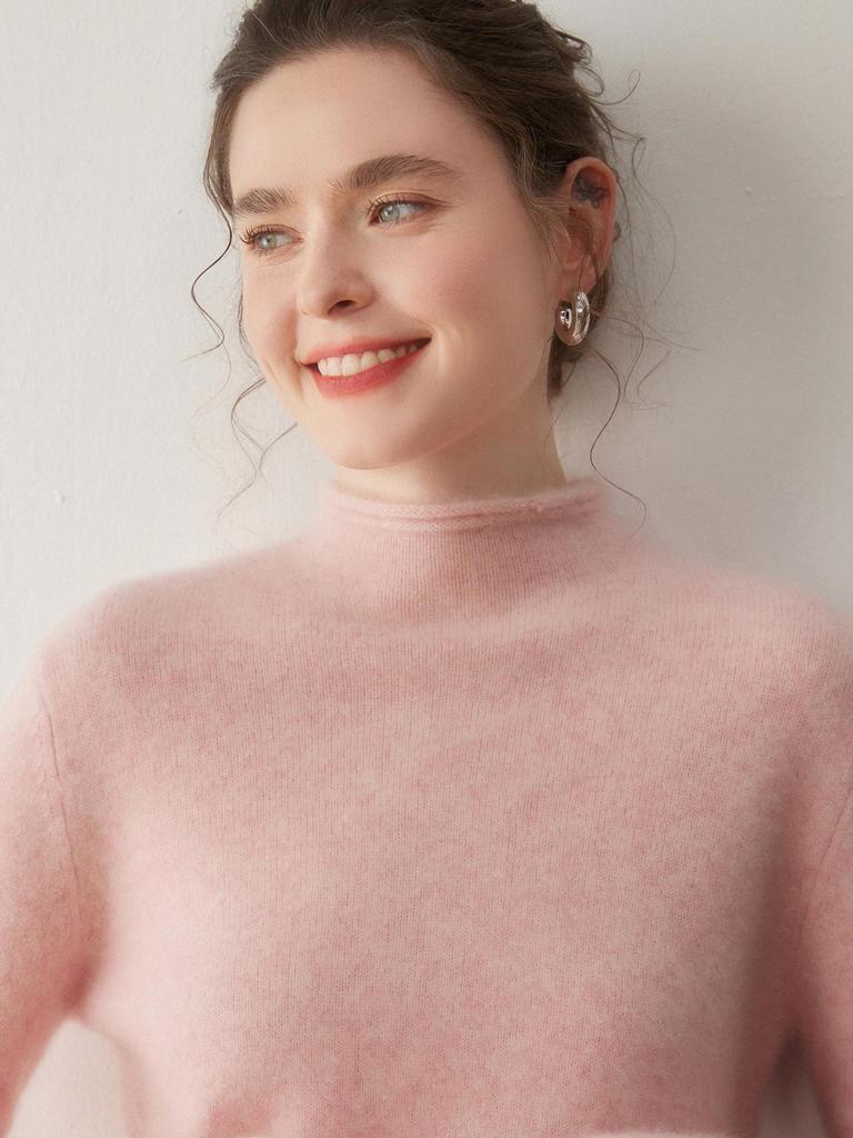 Women's Cashmere Knit Pullover: Seven-Stitch Rolled Hem, Half-High Collar, Solid Color Sweater