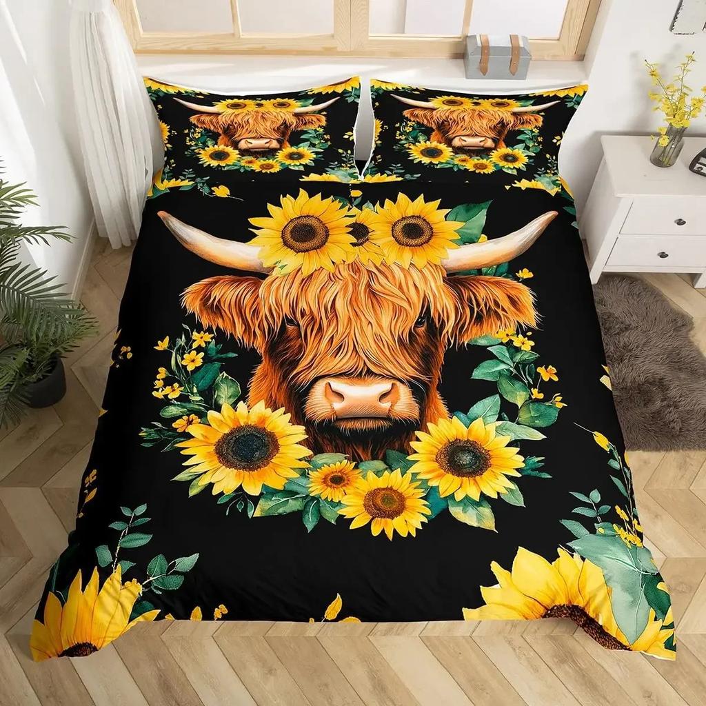 Highland Cow Duvet Cover King Sunflower Farm Animal Bedding Set Cute Highland Cattle Floral Quilt Cover Rustic Farmhosue Decor
