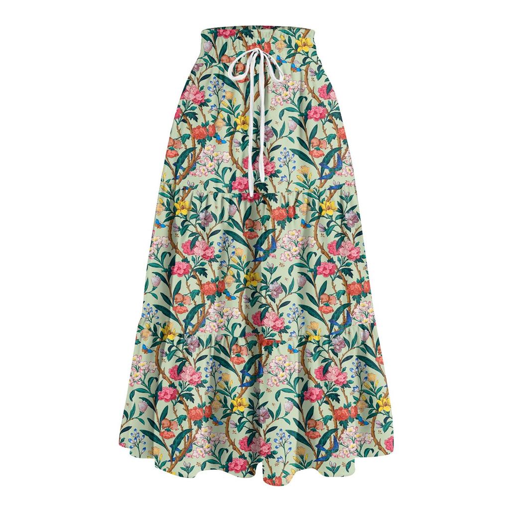 Women's Ruffled Spring Casual Long Skirt Plain Color Skirt Retro Pleated Skirt