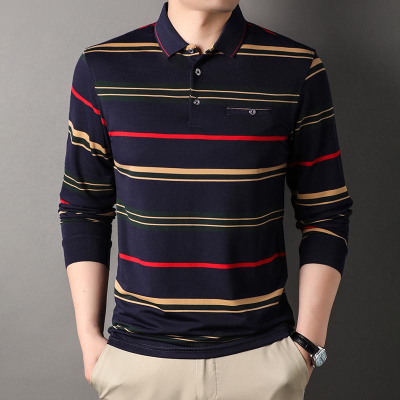 Men's Spring Autumn New Striped Long Sleeve Pockets Button Tees Turn-down Collar Pullover Business Casual Loose Tops