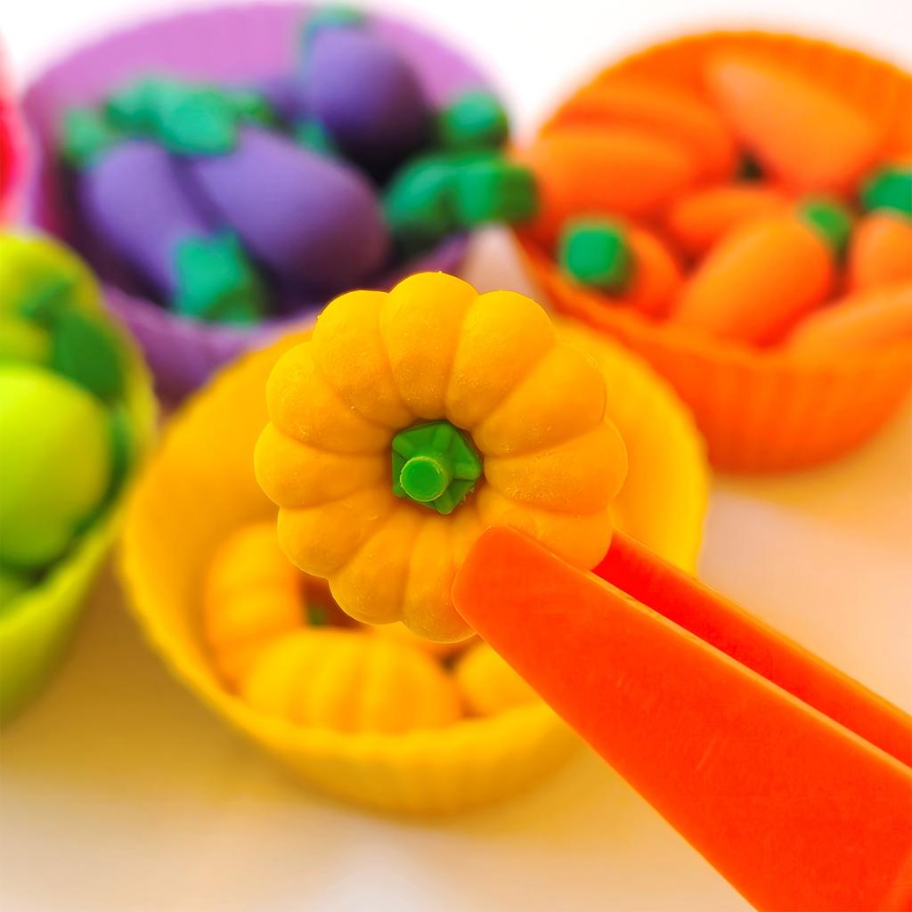 56pcs Educational Toy Set,Fruit & Vegetable Sorting And Counting, Colorful Food Pieces, Fine Motor Skills Development, With Tongs & Silicone Cups,