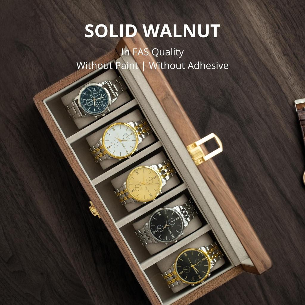 Деревянный футляр Muso для 5 деревянных часов с прозрачным ящиком для хранения со съемным роскошным дисплеем для часов, Окно, Подушка, (грецкий орех)