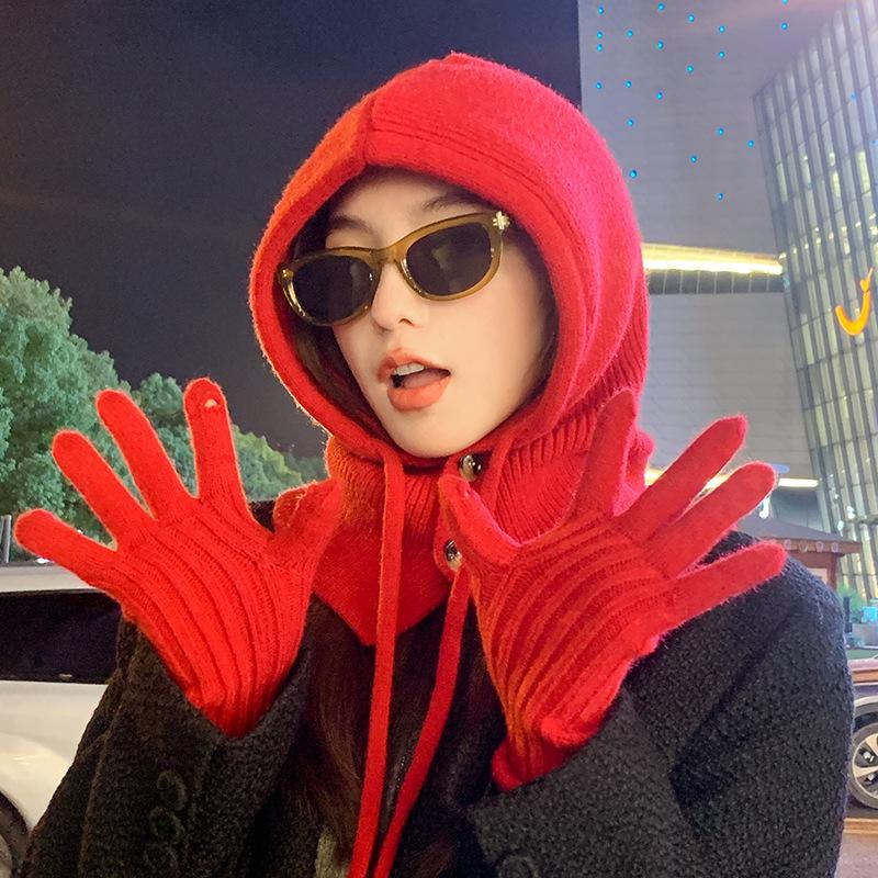 One-piece Solid Color Drawstring Hooded Scarf, Windproof Winter Beanie Hat & Scarf Set