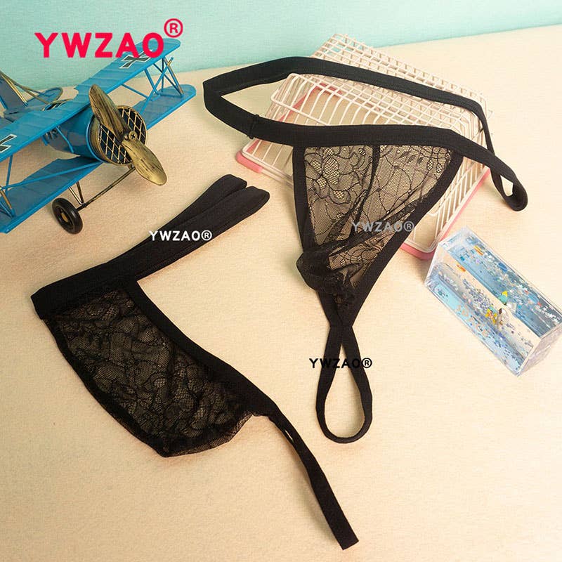 YWZAO Вставляемый Анальный Стимулятор Мужское Нижнее Белье Стринги Кружево Черный N12