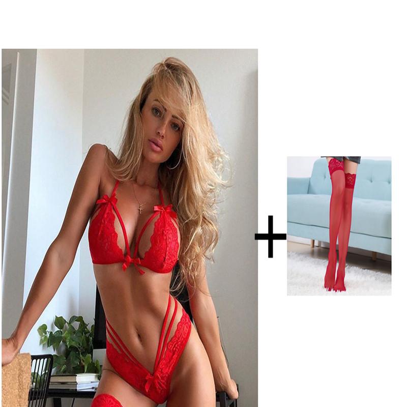 Women's Sexy Underwear Set 3-piece Exotic Set Sexy Lace Bra Bandage Panties + Stockings Erotic Transparent Bra Set