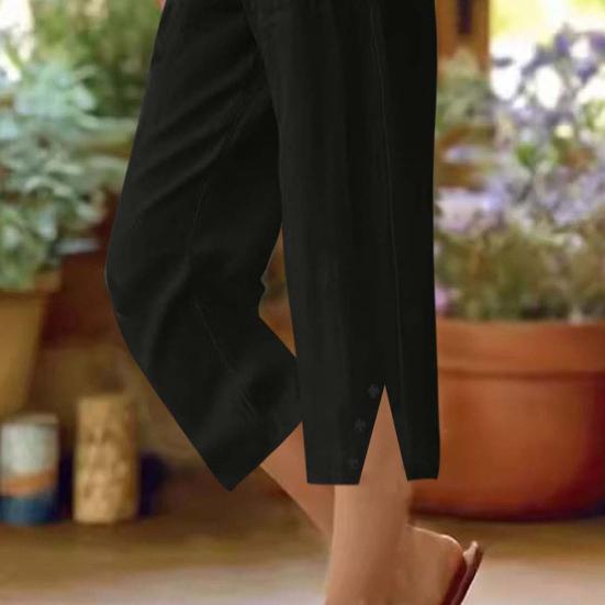 Women Cropped Pants Elastic Waist Wide Leg Beach Pants with Pockets Solid Color Casual Loose Fit Pants