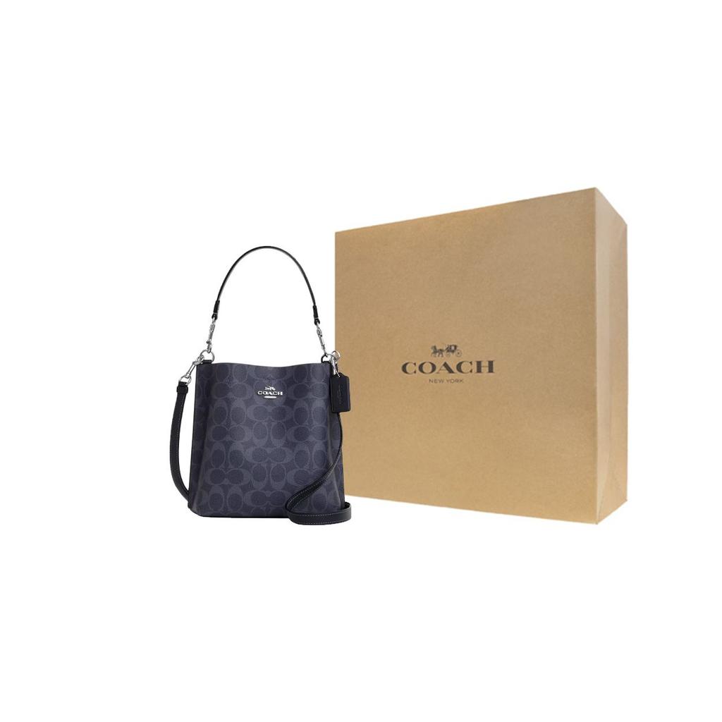 Coach Mollie Signature Coated Canvas And Leather Bucket Bag Women bags Silver Midnight-Navy CA582-SVN2V