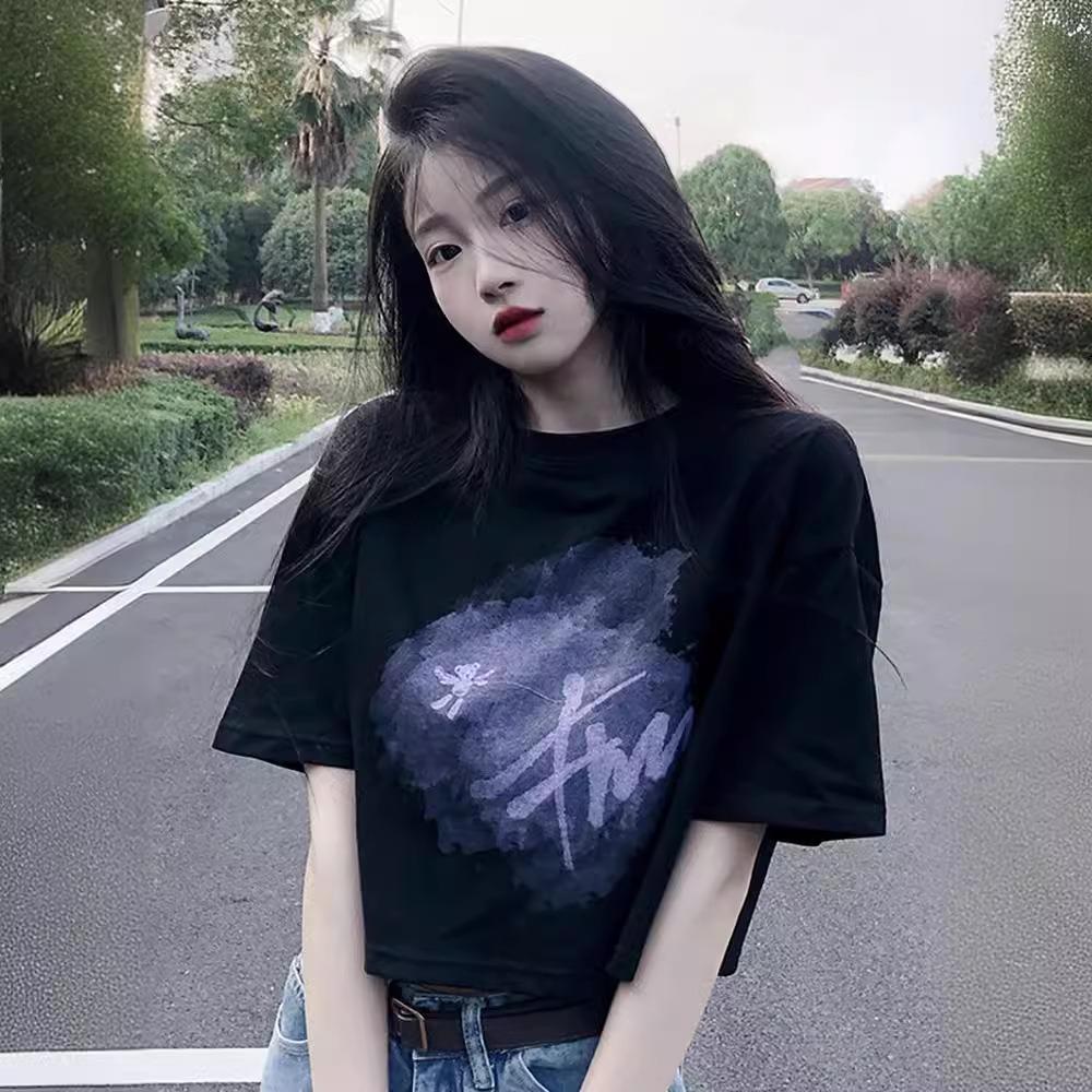 Pure Cotton Short T-shirt Design Summer Hot Girl Short Sleeve Black Loose Top