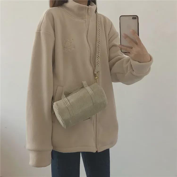 Гигантский теплый бархатный вышитый кардиган с высоким воротником на молнии: Утолщенная женская флисовая куртка Polar