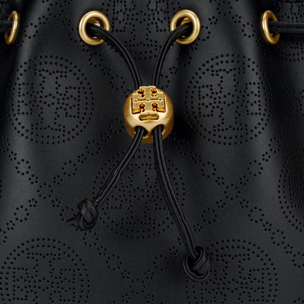 Tory Burch T Monogram Double T Logo Quilted Perforated Detachable Shoulder Strap Drawstring Leather Bucket Bag Women bags Black 151791-001