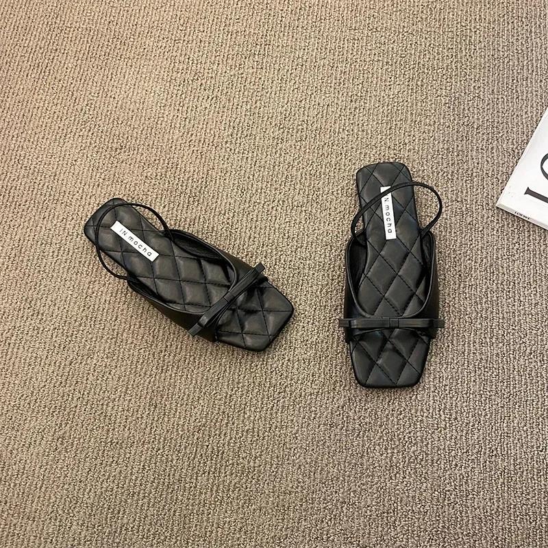 Распродажа модной женской обуви 2024 года, новые женские тапочки с открытым носком, летние повседневные сандалии, женские туфли на плоской подошве с завязками-бабочками и квадратным носком