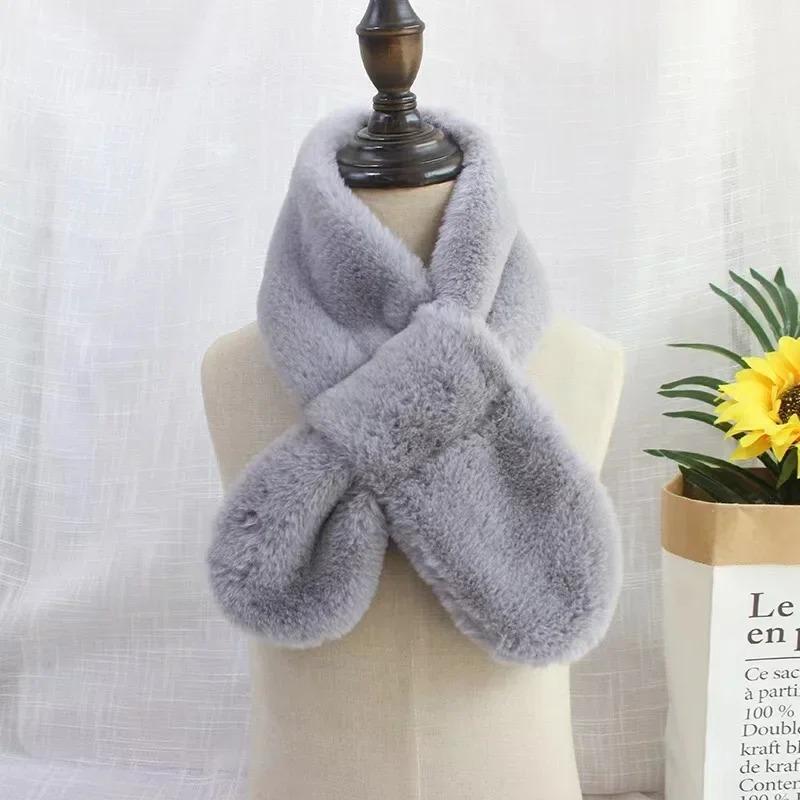Детский зимний теплый утолщенный шарф с перекрестным воротником для мальчиков и девочек, однотонный искусственный мех кролика, плюшевый милый платок-шарф