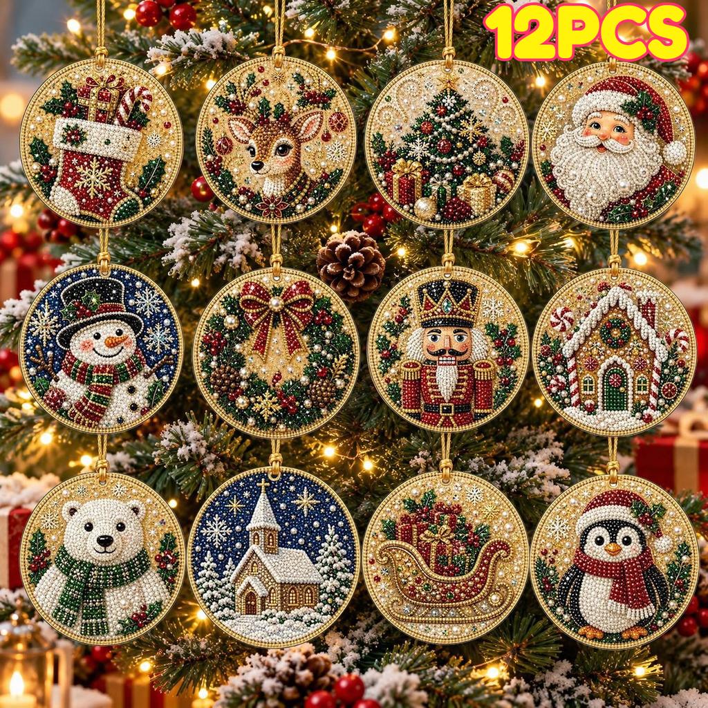12pcs Christmas Pearl Diamond Painting DIY Kit Handmade Christmas Tree Decoration Adult Christmas Pendant Ornaments Decoration
