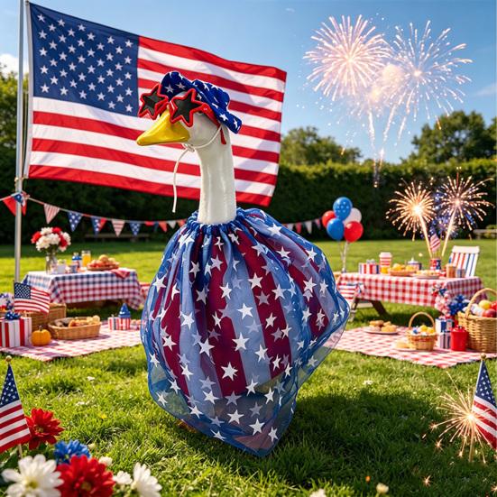 1 Set 4th July Goose Outfit, Stars And Stripes Goose Dress Star Sunhat Sunglasses, Patriotic Porch Goose Costumes Set for 23-Inch Goose Statue Holiday