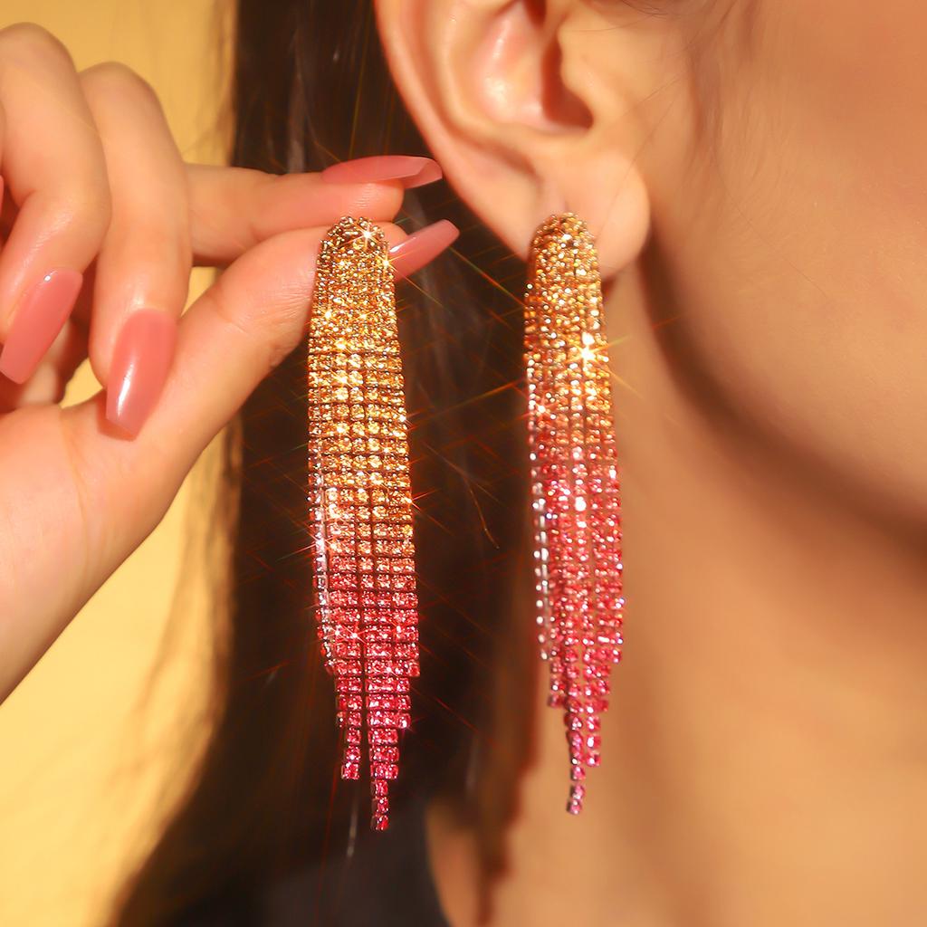 Colored Shiny Rhinestone Long Fringed Earrings