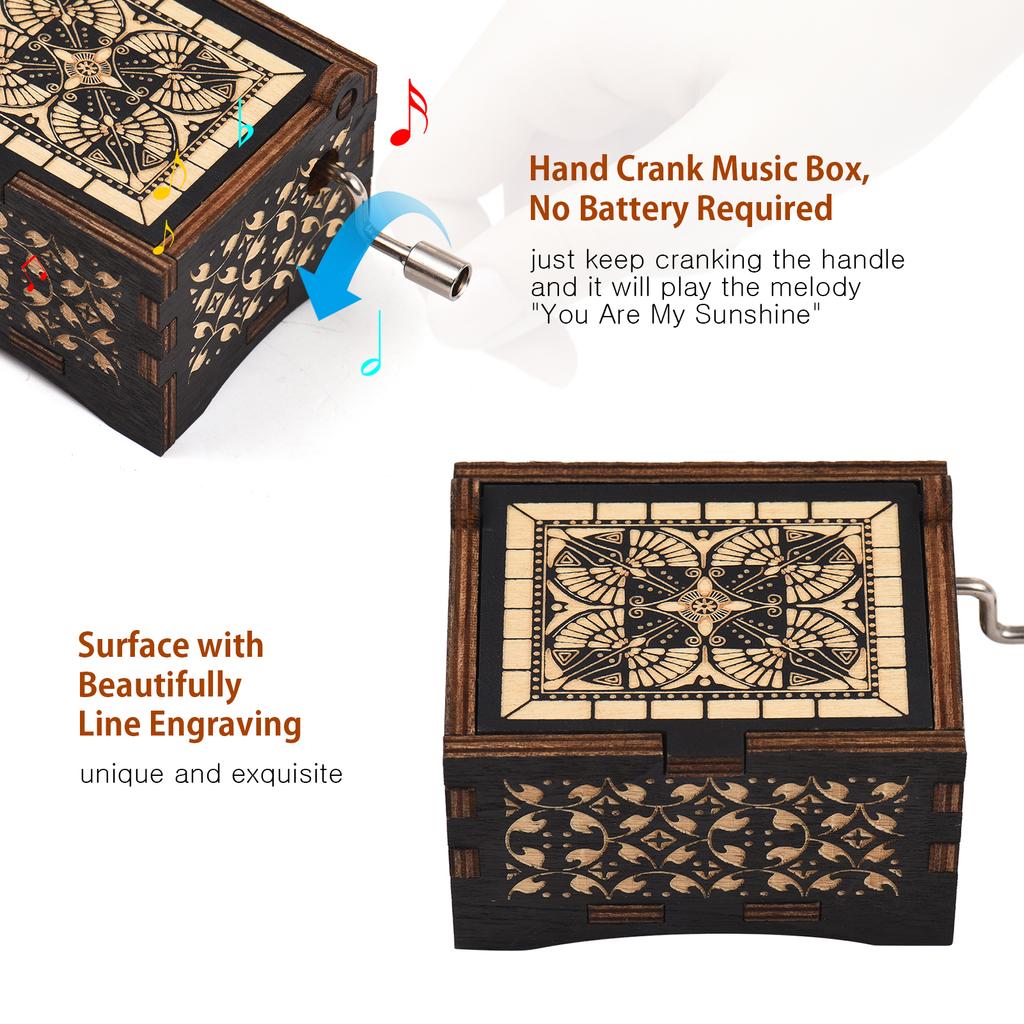 Vintage Wooden Music Box Palm-size Hand Crank Wood Case Musicbox Beautiful Carved Wooden Musical