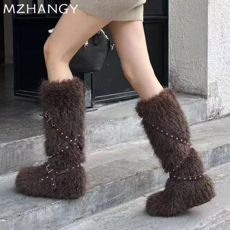 Меховые женские сапоги на плоской подошве, высокие зимние дизайнерские сапоги до колена, женские модные теплые зимние короткие плюшевые мотоциклетные сапоги Mujer