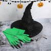 Witch Costume Accessory Set Black Witch Hat Round Frame Glasses Green Claw Gloves Set for Women Halloween Cosplay Role-Playing Party