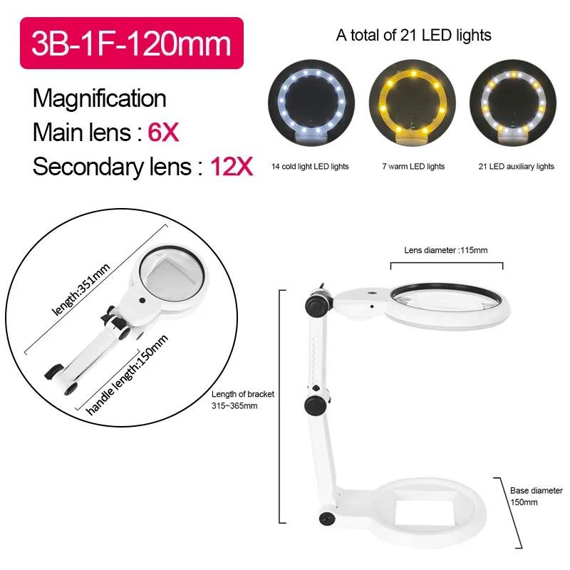 Table Foldable Handheld Magnifiers 4X-12X Table Lamp Reading Illuminated Magnifier Magnifying Glass for Soldering Iron Repair