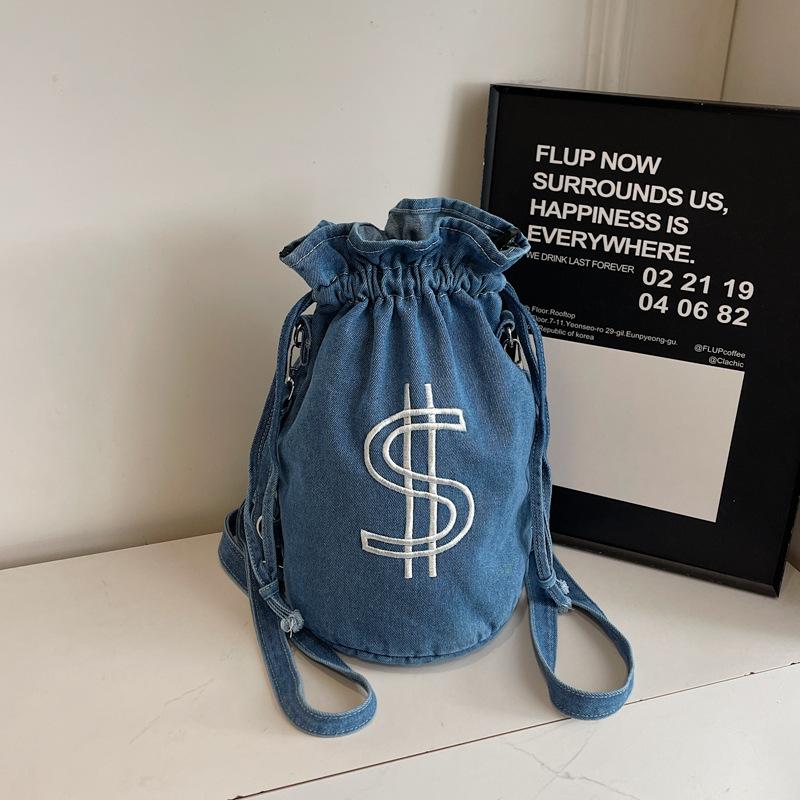 Fashionable Embroidered Drawstring Bucket Bag New Textured Washing Denim Money Bag Multipurpose Shoulder Bag