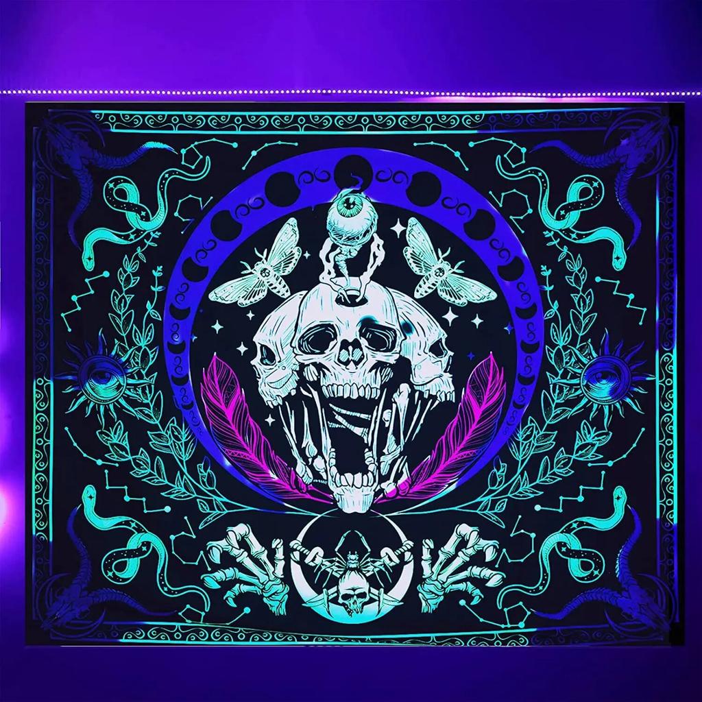 Психоделический черный свет череп голова флуоресцентный гобелен УФ-реактивные гобелены настенный хиппи триповый домашний декор