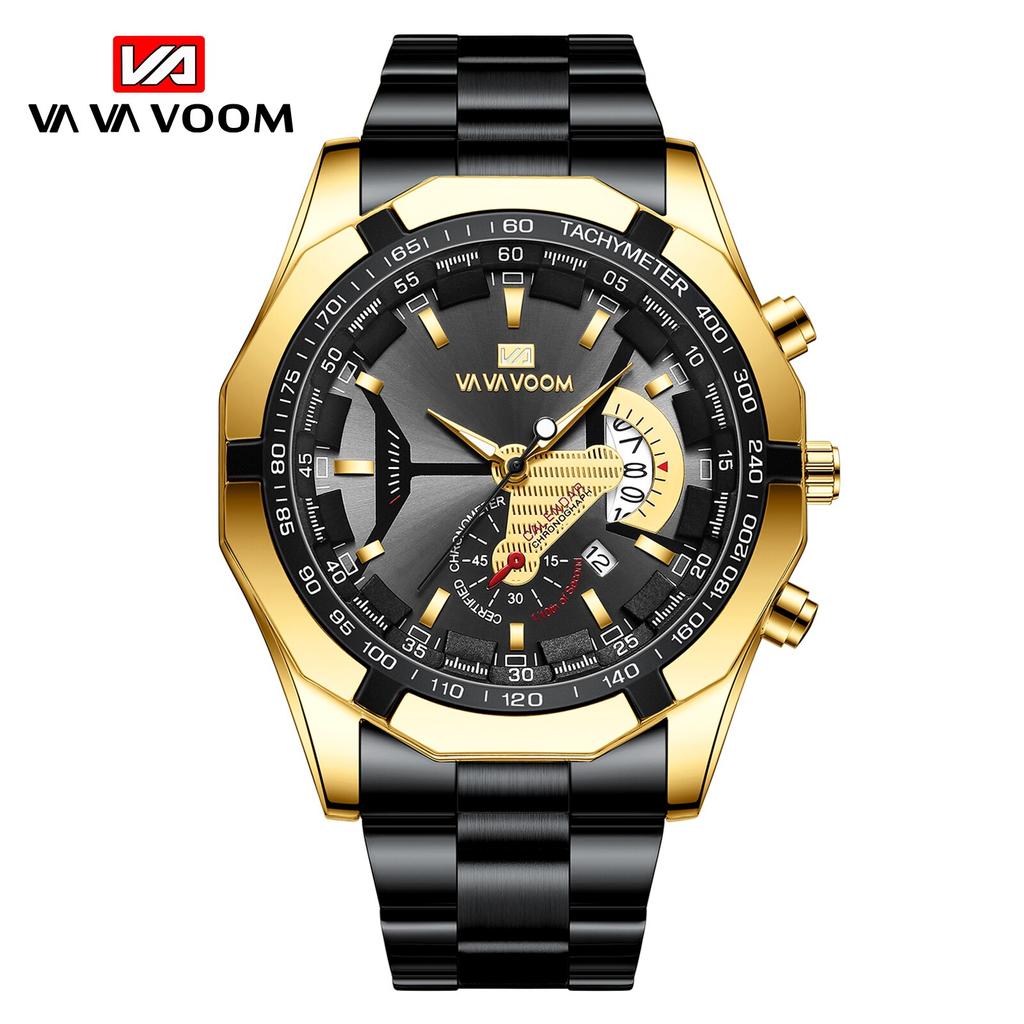 VA VA VOOM New Men's Sports Watches Fashion Stainless Steel Luxury Luminous Waterproof Calendar Quartz Men's Watches