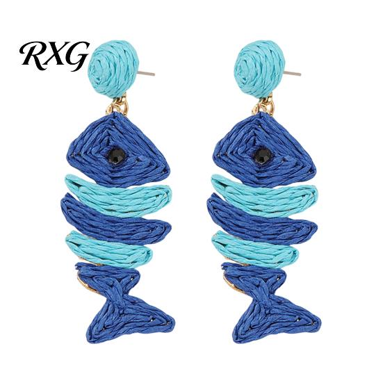 Tropical Fish Earrings 1 Pair Boho Raffia for Women, Handmade Rattan Shape Natural Jewelry Earrings, Bohemian Straw Drop Dangle Summer Beach