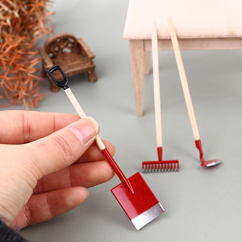 3Pcs 1:12 Dollhouse Miniatures Gardening Shovel Rake Hoes Farm Tool Doll Decor Fairy Garden Accessories Furniture Toys