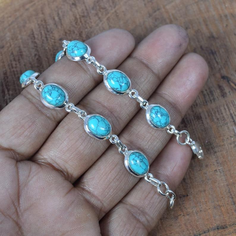 Solid 925 Sterling Silver Synthetic Turquoise Gemstone Handmade Tennis Bracelet Women Jewelry