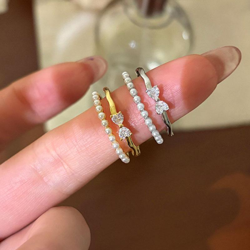 2Pcs Stackable Ring Set Faux Pearl & Rhinestone Twisted Band Open Rings for Women