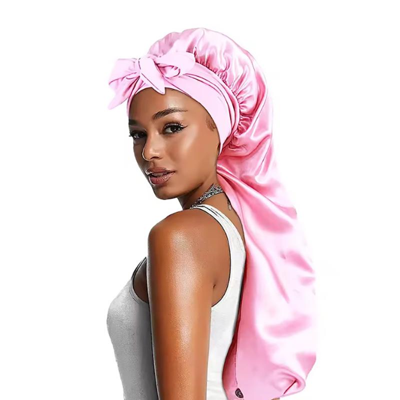 Women Long Oversized Elastic Satin Bonnet Sleeping Cap With Ribbon Breathable Sleeping Cap Turban Sleep Headwear Bandanas