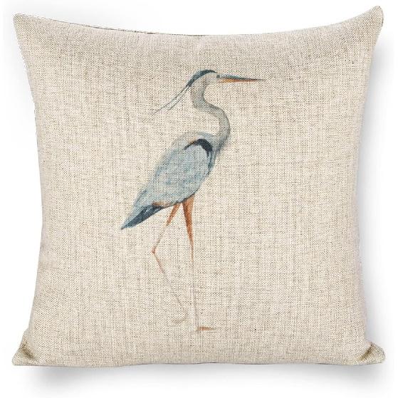 Linen Throw Pillow Covers Blue Egret on Coastal 18x18 Decorative Pillows for Bed Couch Cushion Sofa Outdoor