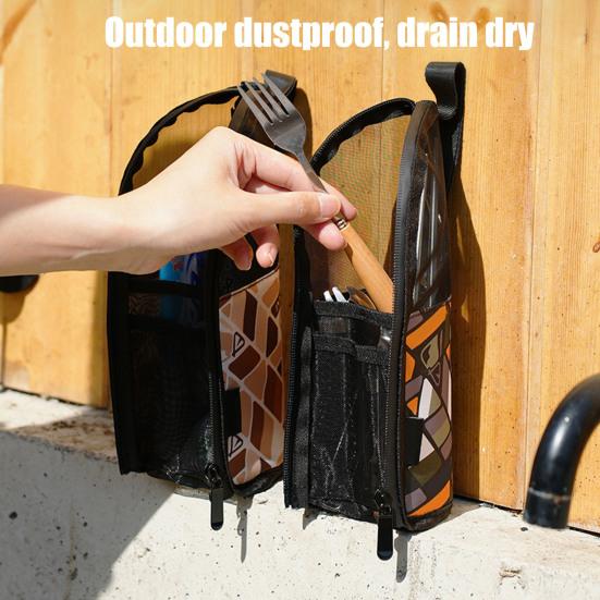 Сумка для хранения столовых приборов на открытом воздухе с сетчатым карманом, водонепроницаемая, портативная, для путешествий, кемпинга, пикника, палочек для еды, вилок, ложек, органайзеров, для сушки, переноски