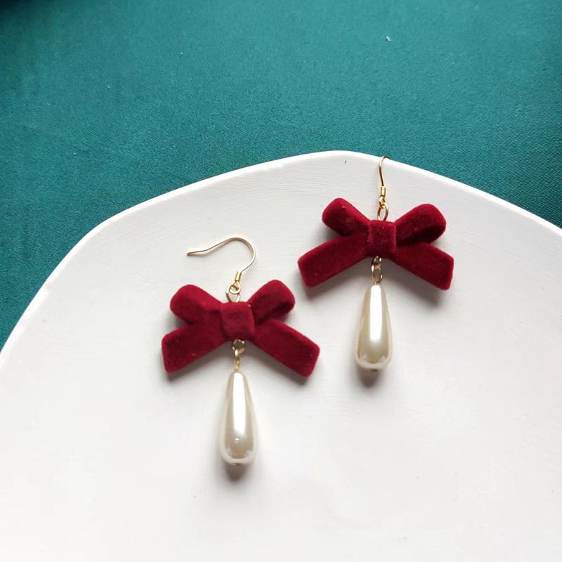 Серьги-бантики из красной флокированной ткани, темпераментные серьги с длинными бахромой в виде сладких цветов