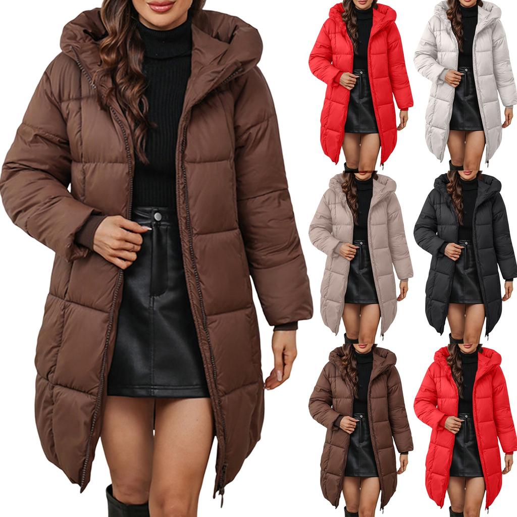 Women's Solid Color Hooded Medium Long Thick Waist Padded Coat
