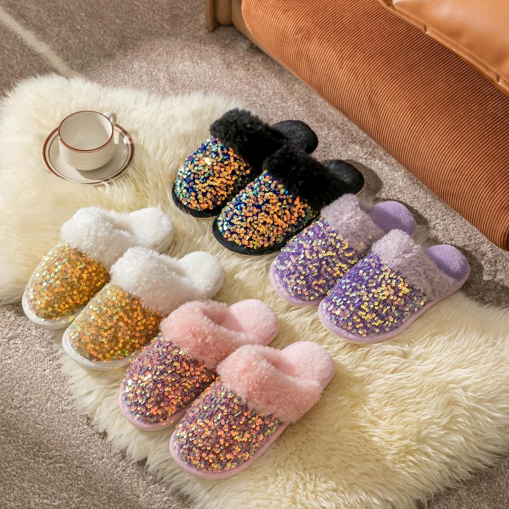 Fashion Cotton Slippers Women's Home Indoor Plush Slippers Women's Sequin Plush Slippers for Girl
