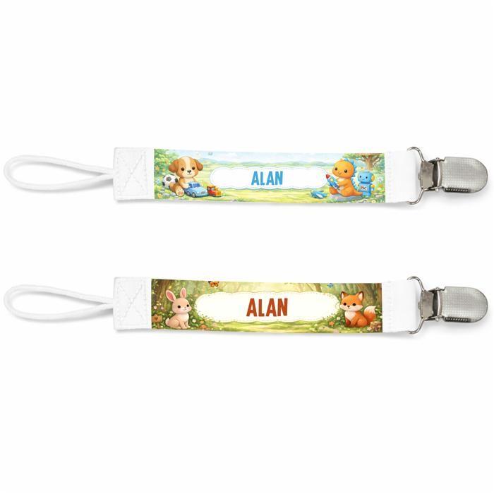 Planetee Lot de 2 Attaches Tétine pour Alan Animaux Mignons - Attache Sucette Personnalisée Bébé Garçon Cadeau Naissance