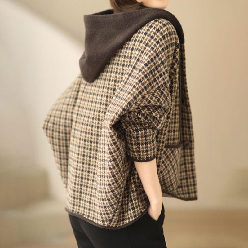 Ladies Spring Autumn Thickened Houndstooth Retro Loose Hooded Plaid Woolen Knitted Cardigan